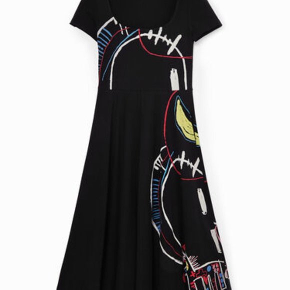 Desigual Short Sleeve Midi A-Line Dress S, Black with Colorful Abstract … - Picture 3 of 12